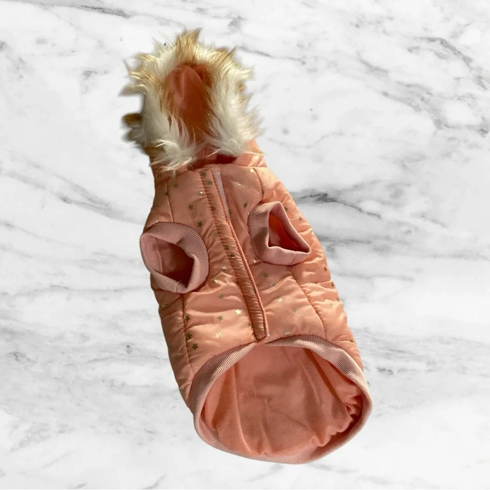 Peach Dog Coat with Faux Fur Hood & Gold Star Print​